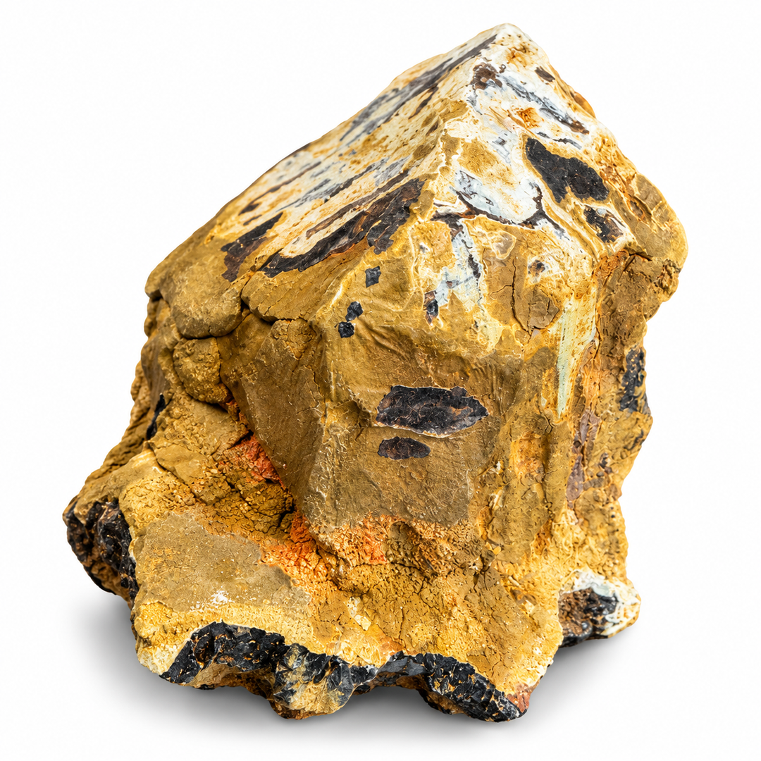 Rear view of Colorado Ilvaite specimen featuring dark grey to black mineralisation, rusty ochre patches and distinct layered textures.