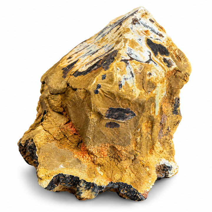Rear view of Colorado Ilvaite specimen featuring dark grey to black mineralisation, rusty ochre patches and distinct layered textures.