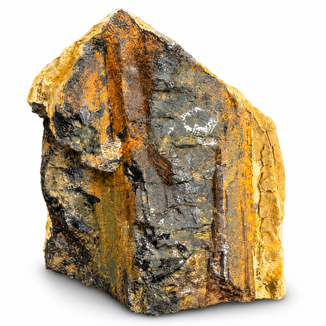 Ilvaite specimen from La Plata County, Colorado, showing dark mineral surfaces, golden-brown matrix and natural fractures.