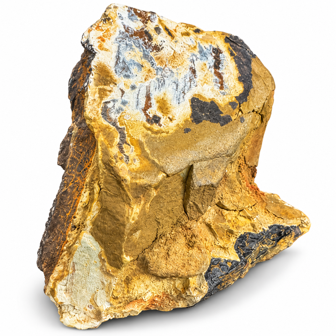 Ilvaite mineral specimen from Bessie G Mine, Colorado, isolated against a clean white background to showcase its ochre, grey and black mineral textures.