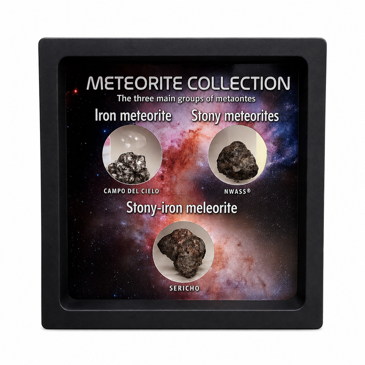 A square black display case labeled 'METEORITE COLLECTION' showing three meteorite samples with labels for Iron meteorite, Stony meteorites, and Stony-iron meteorite on a space-themed background.