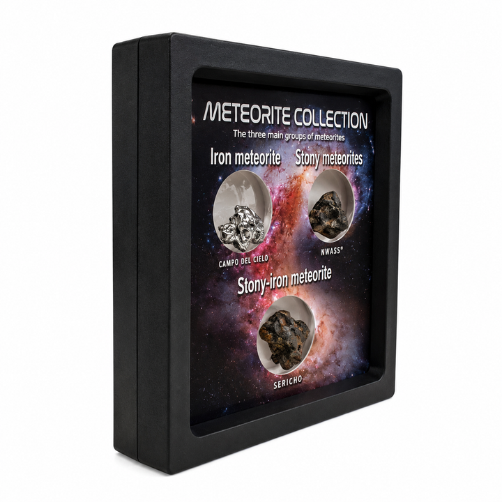 A black rectangular display case with a clear front panel showing a labeled 'Meteorite Collection' insert with three circular windows displaying different meteorite samples against a white background.