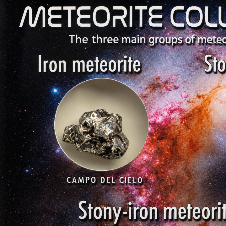 Educational Meteorite Collection presentation displaying an iron meteorite, stony meteorite and stony-iron meteorite within a black display frame.