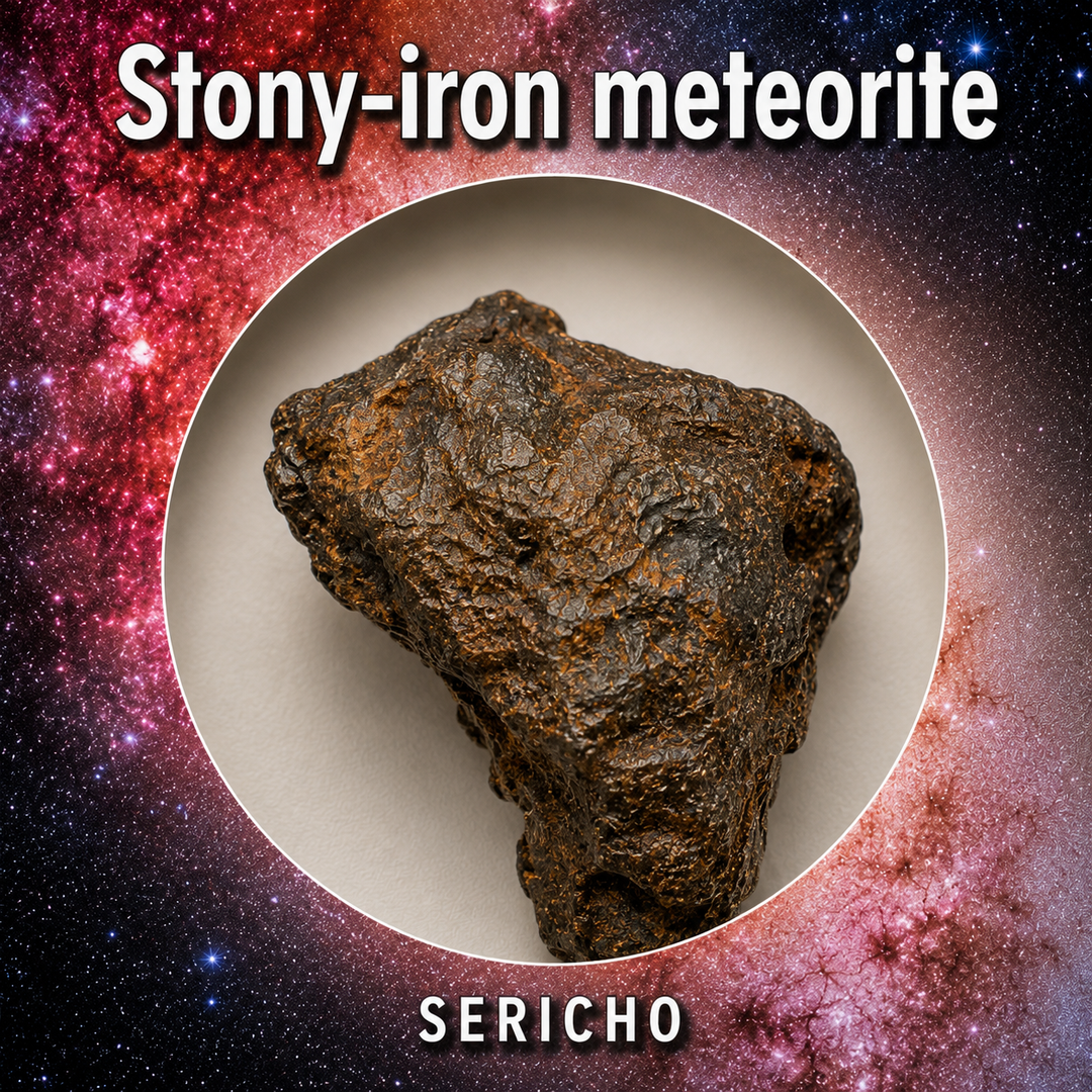 Sericho stony-iron meteorite displaying its natural exterior and geological features.