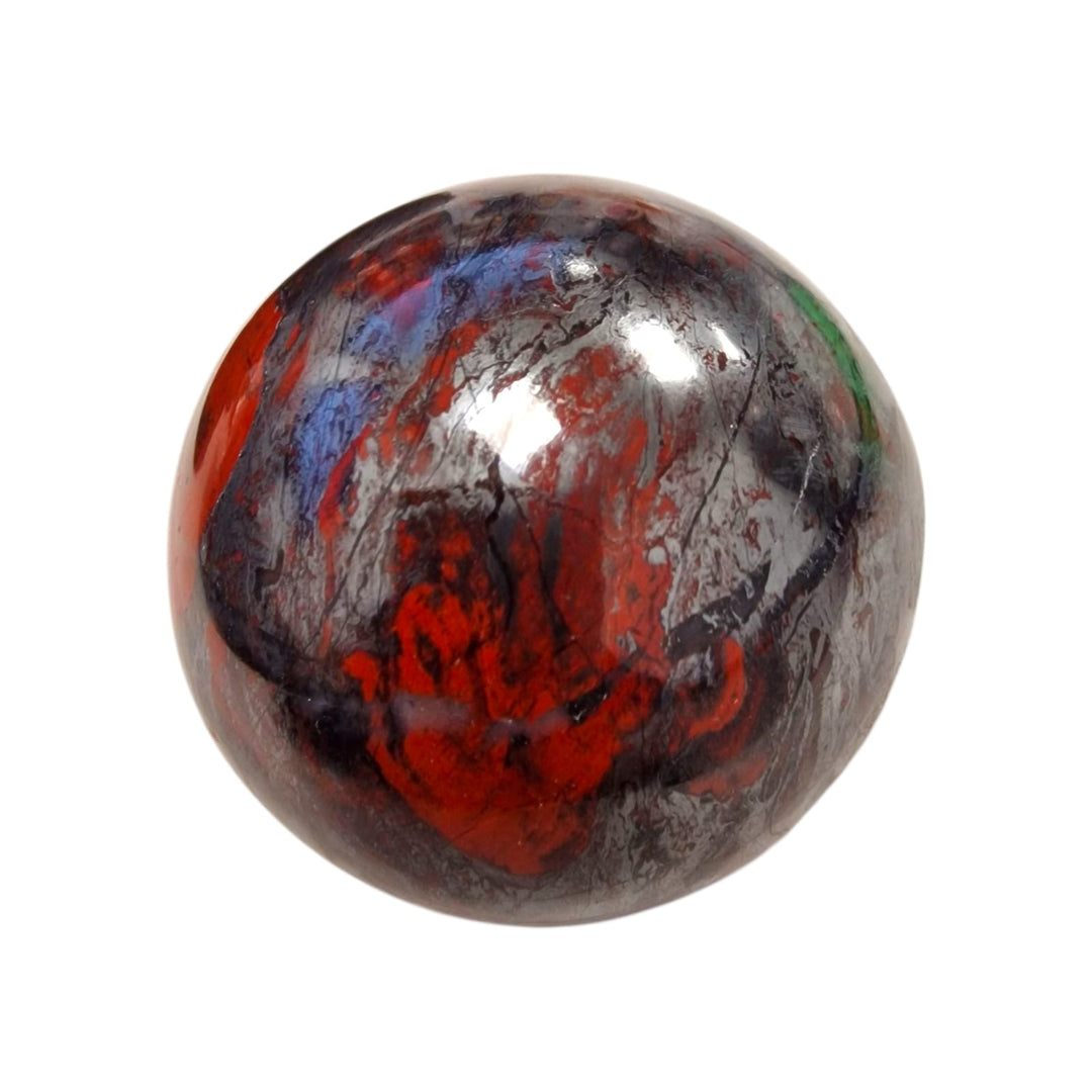 GeoFossils Jaspilite Sphere – close-up of layered red-brown and silver metallic patterns