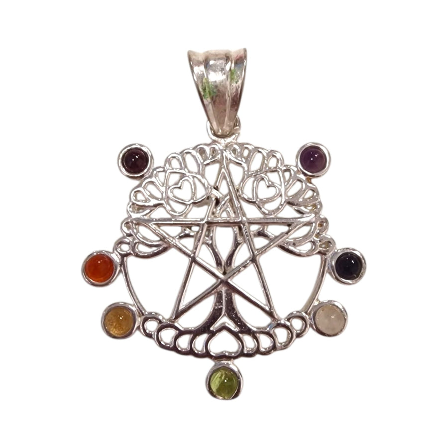 Sterling silver Tree of Life Pentagram Pendant featuring chakra gemstones for energy healing and spiritual alignment