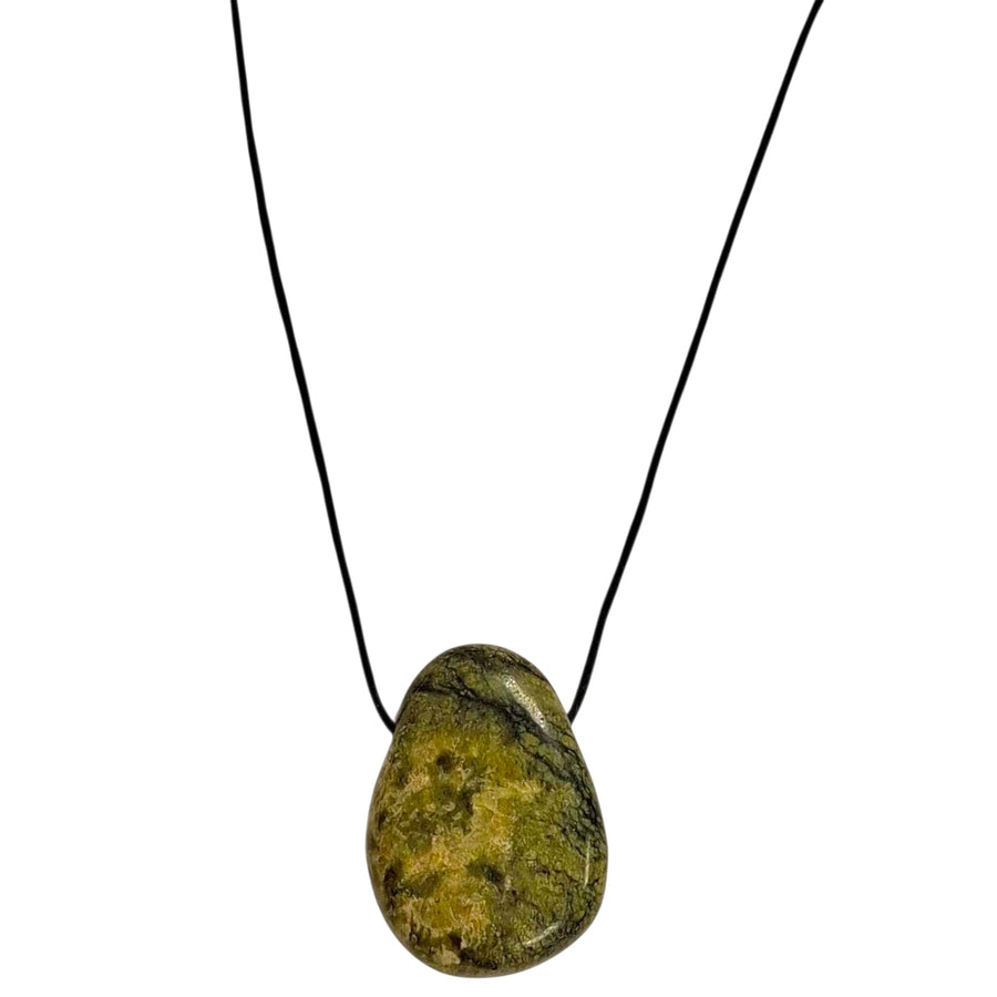 Jungle Jade drilled tumble stone on a black cord – green crystal for abundance, vitality and emotional grounding