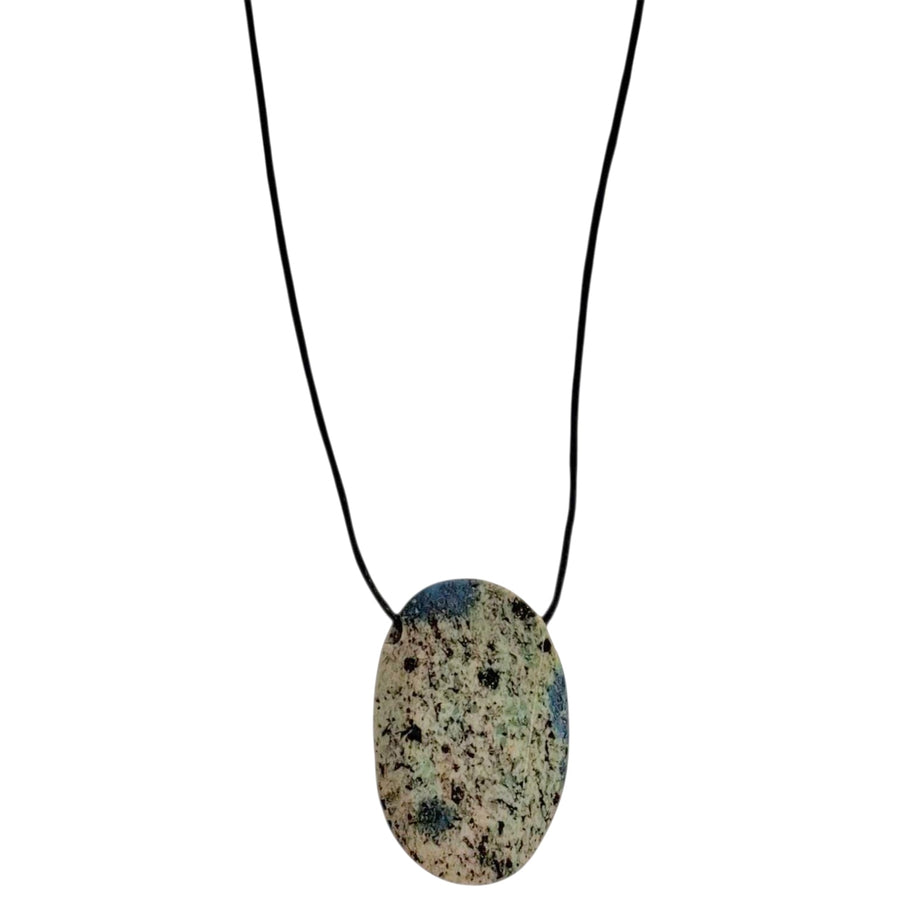 K2 Stone drilled tumble stone pendant on a black cord – white and blue granite crystal for insight, spiritual awareness and emotional balance