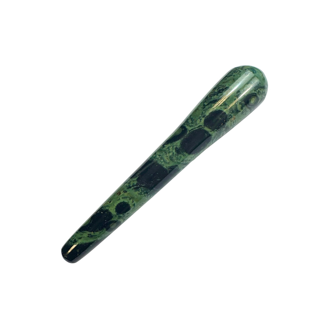 GeoFossils Smooth Kambaba Jasper Massage Wand – deep green and black crystal wand for grounding, emotional healing and spiritual connection