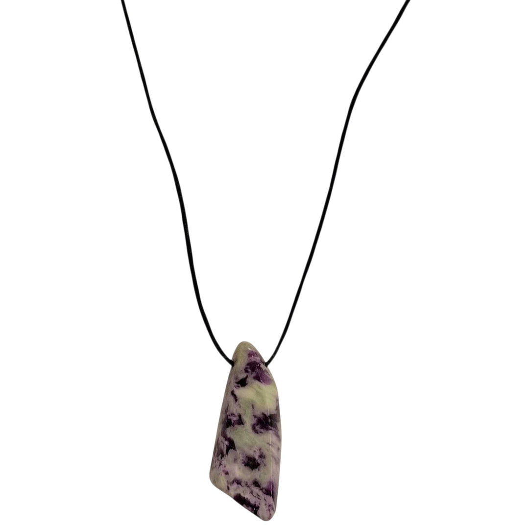 GeoFossils Kammererite Drilled Tumble Stone – rich purple-magenta crystal with natural patterning and horizontal drill hole for spiritual clarity and chakra balance