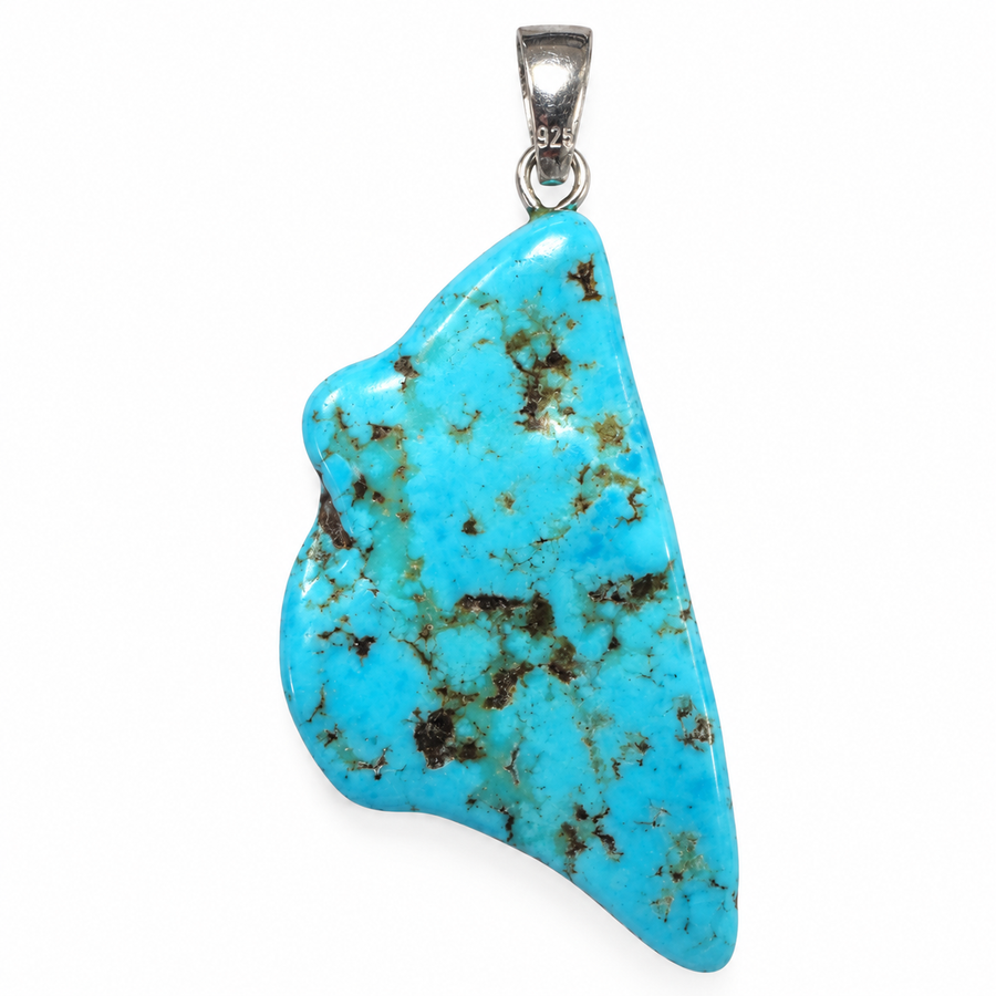 GeoFossils Kingman Mine Turquoise pendant from Arizona, USA, featuring polished sky-blue turquoise with natural dark brown and black matrix patterns and a sterling silver bail.