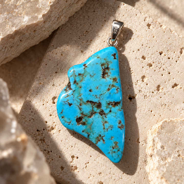 GeoFossils Kingman Mine Turquoise pendant from Arizona, USA, featuring polished sky-blue turquoise with natural dark matrix veining and a sterling silver bail, styled on textured beige stone with warm sunlight and soft shadows.