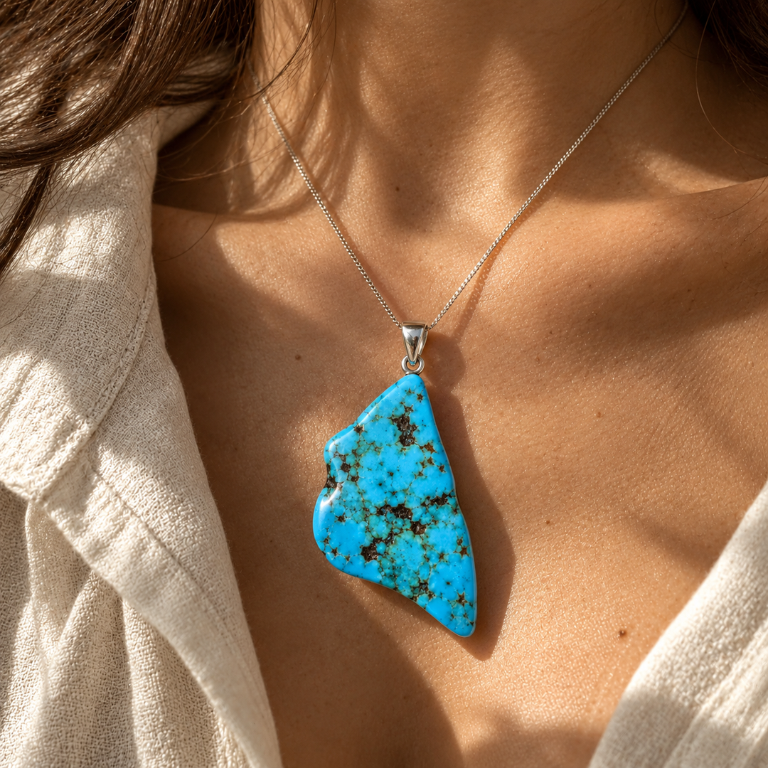 GeoFossils Kingman Mine Turquoise pendant styled on a delicate silver chain around a model's neck, showcasing its freeform blue gemstone, natural dark matrix and sterling silver fitting.