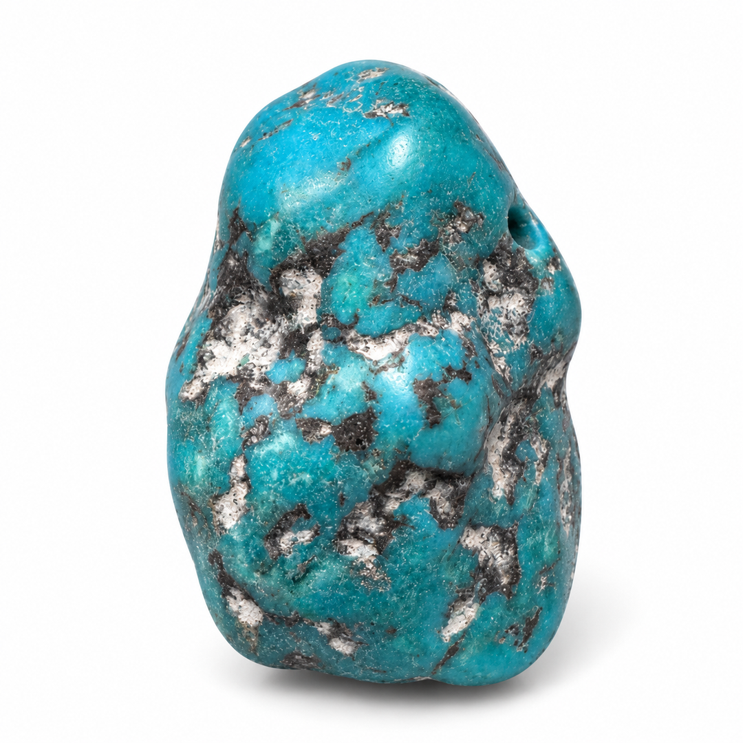 GeoFossils Kingman Mine Turquoise drilled tumblestone, polished blue gemstone with distinctive dark grey and pale matrix patterns on a white background.
