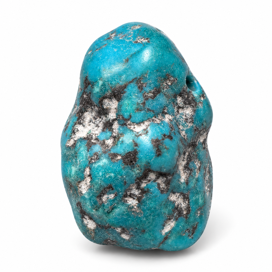 GeoFossils Kingman Mine Turquoise drilled tumblestone, polished blue gemstone with distinctive dark grey and pale matrix patterns on a white background.