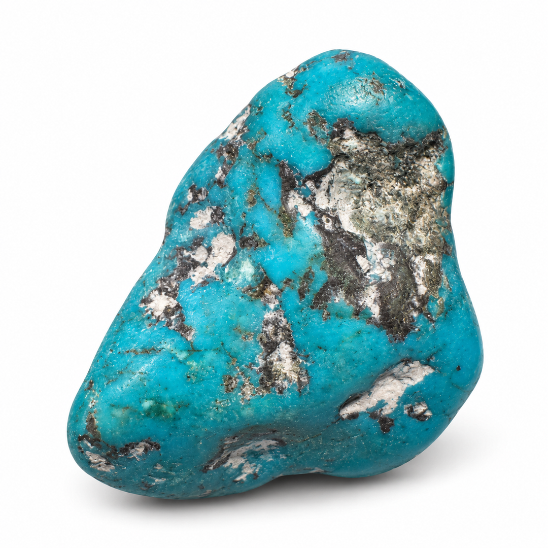 GeoFossils Kingman Mine Turquoise drilled tumblestone showing the reverse side, natural blue colouring, irregular polished shape and contrasting mineral matrix.
