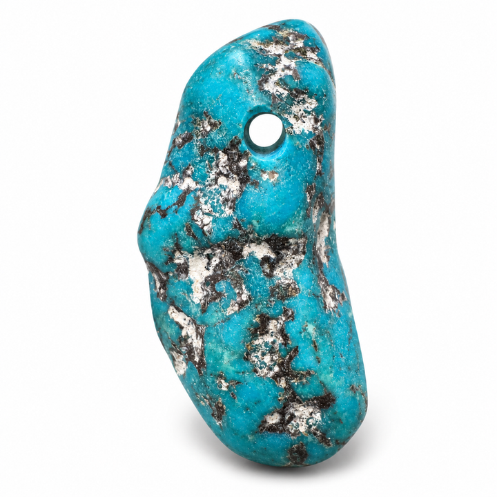 GeoFossils Kingman Mine Turquoise polished tumblestone viewed from another angle, showing the drilled opening, blue gemstone surface and natural matrix.