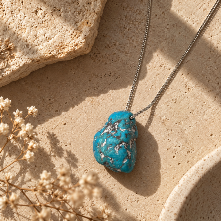 GeoFossils Kingman Mine Turquoise drilled tumblestone styled with a silver-coloured chain on warm beige stone, surrounded by delicate dried flowers in natural sunlight.