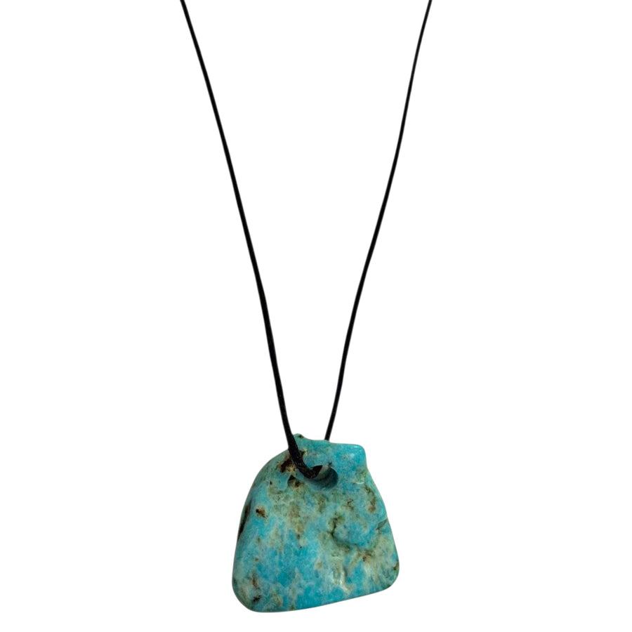 GeoFossils Kingman Turquoise Drilled Tumble Stone – sky-blue crystal with black veining and horizontal drill hole for protection and heart-led communication