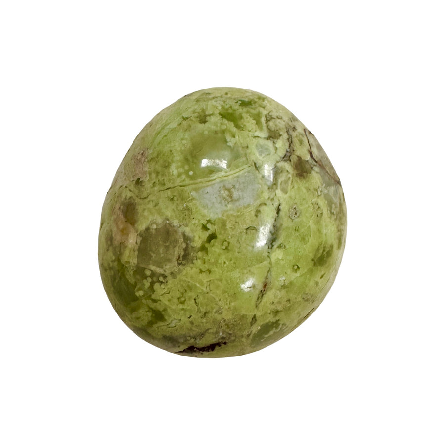 GeoFossils Kiwi Opal Galet with Fire Opal – exact crystal shown, polished green and fiery opal galet for balance, passion, and emotional healing.