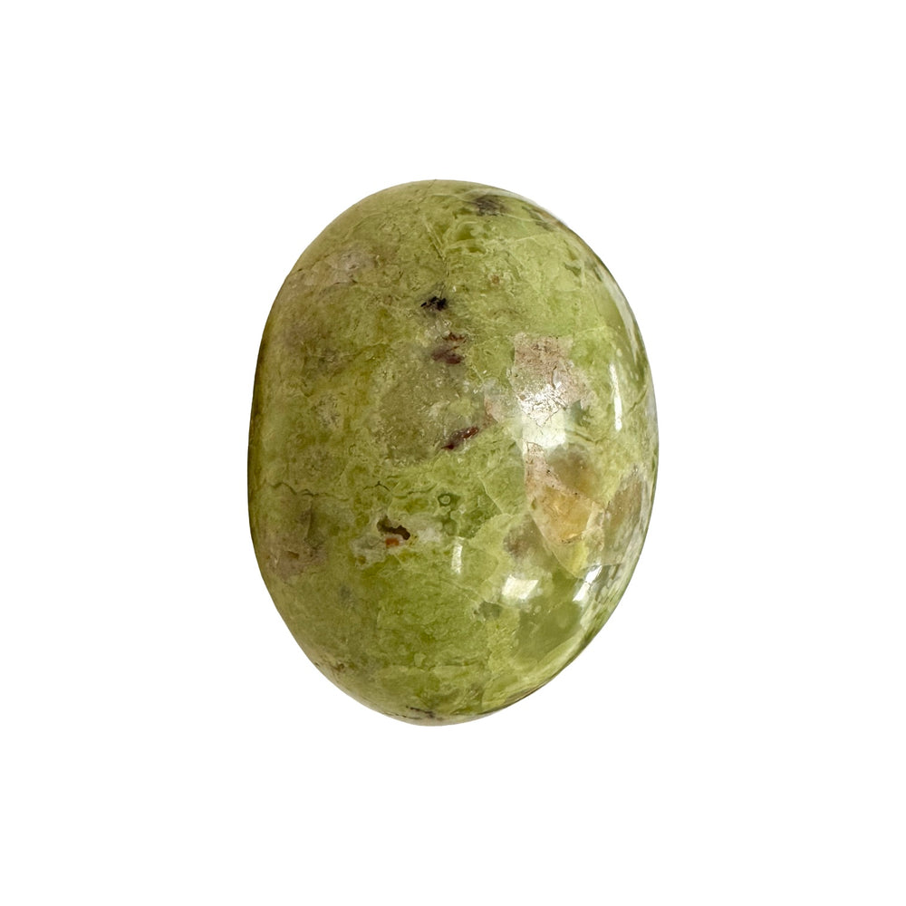 GeoFossils Kiwi Opal Galet with Fire Opal – exact crystal shown, polished green and fiery opal galet for balance, passion, and emotional healing.