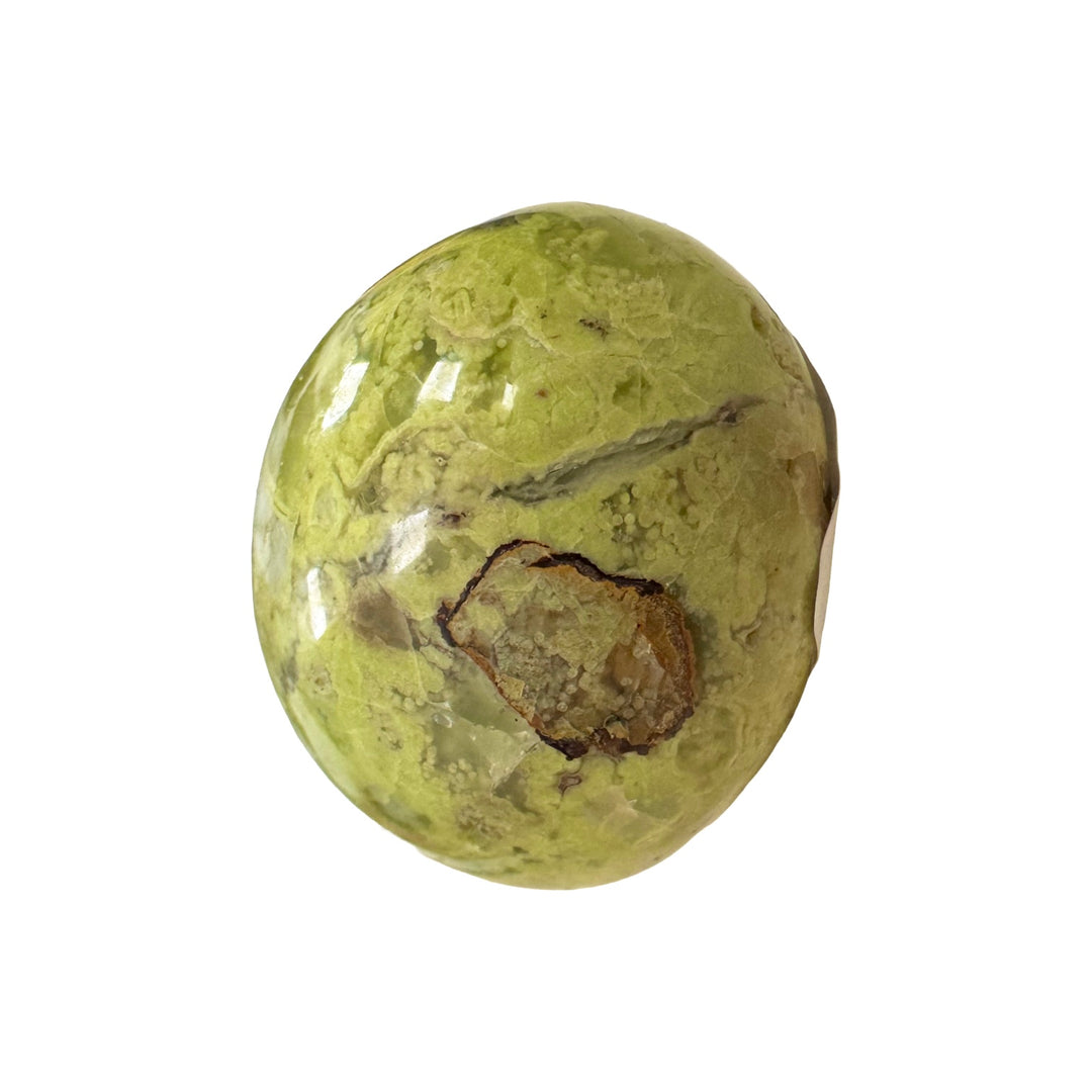 GeoFossils Kiwi Opal Galet with Fire Opal – exact crystal shown, polished green and fiery opal galet for balance, passion, and emotional healing.