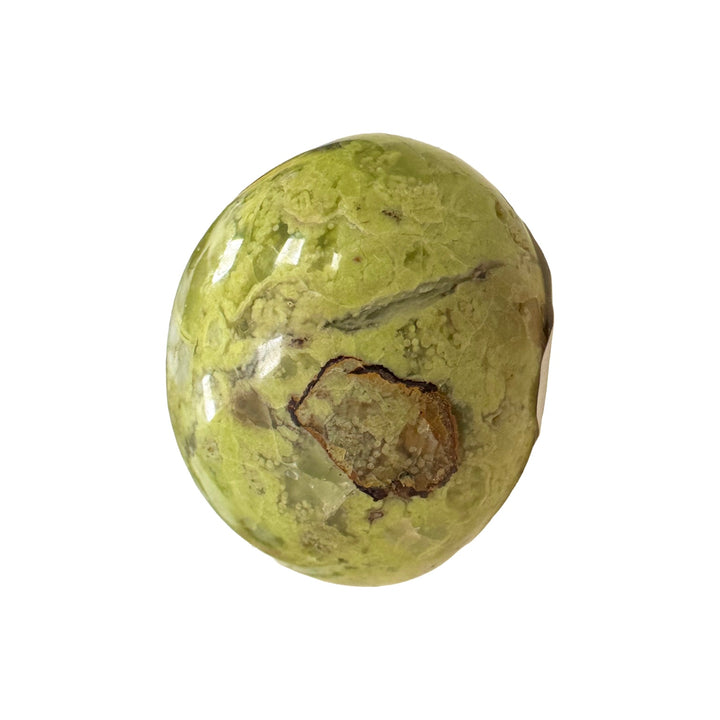 GeoFossils Kiwi Opal Galet with Fire Opal – exact crystal shown, polished green and fiery opal galet for balance, passion, and emotional healing.