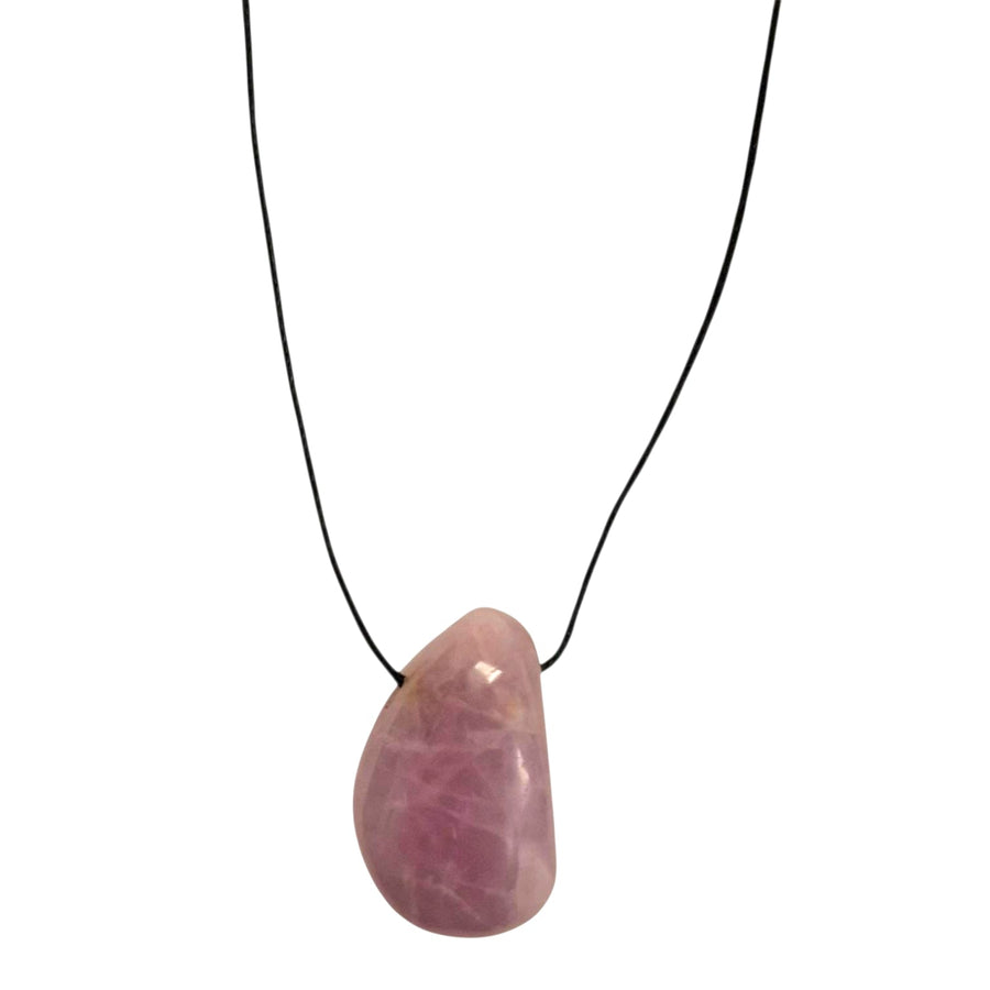 Kunzite drilled tumble stone pendant on a black cord – soft pink-lilac crystal for emotional healing, love and spiritual connection