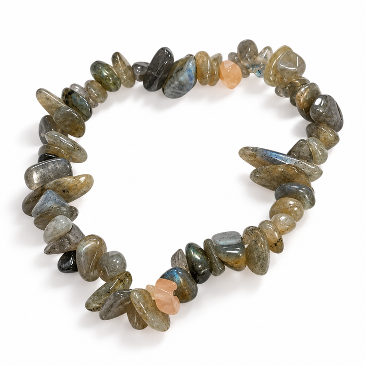 Polished Labradorite gemstone chip bracelet featuring grey-green stones with subtle natural colour variations, photographed on a white background.