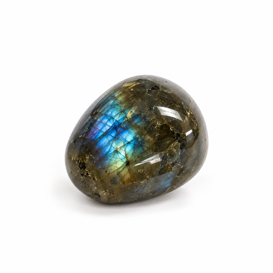 Dark polished Labradorite tumble stone with subtle grey-green colouring and a smooth rounded surface, displayed on a white background.