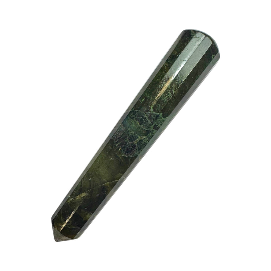 GeoFossils Smooth Labradorite Massage Wand – polished crystal wand with flashes of blue and gold for intuition, transformation and energetic protection