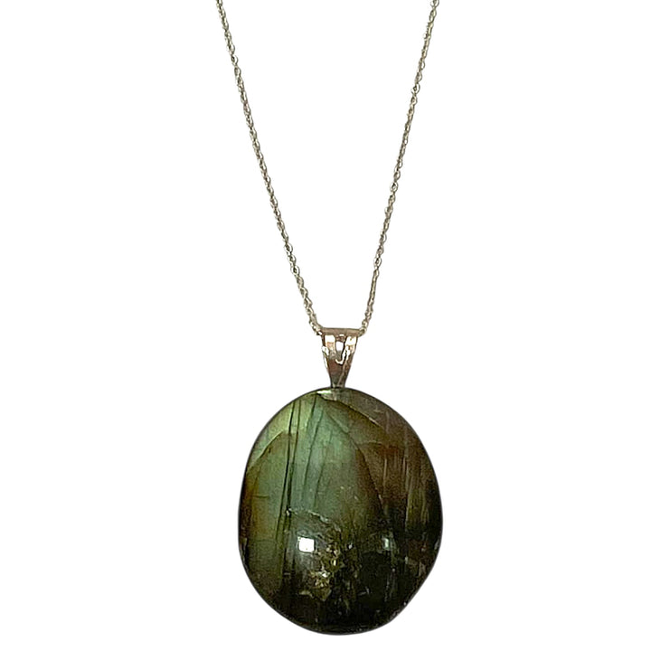 Labradorite pendant with flashes of blue and gold set in hallmarked sterling silver – crystal necklace for intuition, transformation and energetic protection