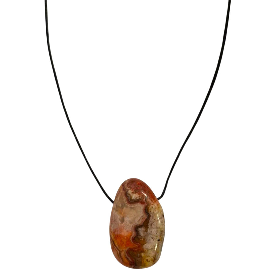 Laguna Agate drilled tumble stone pendant on a black cord – banded crystal for grounding, confidence and emotional balance