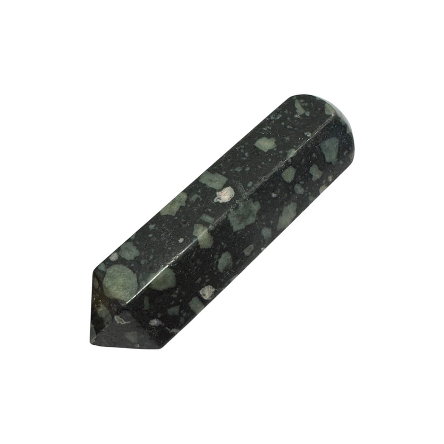 GeoFossils Smooth Lakelandite Massage Wand – polished black and white wand of basalt and feldspar for grounding, spiritual growth and dual energy balance