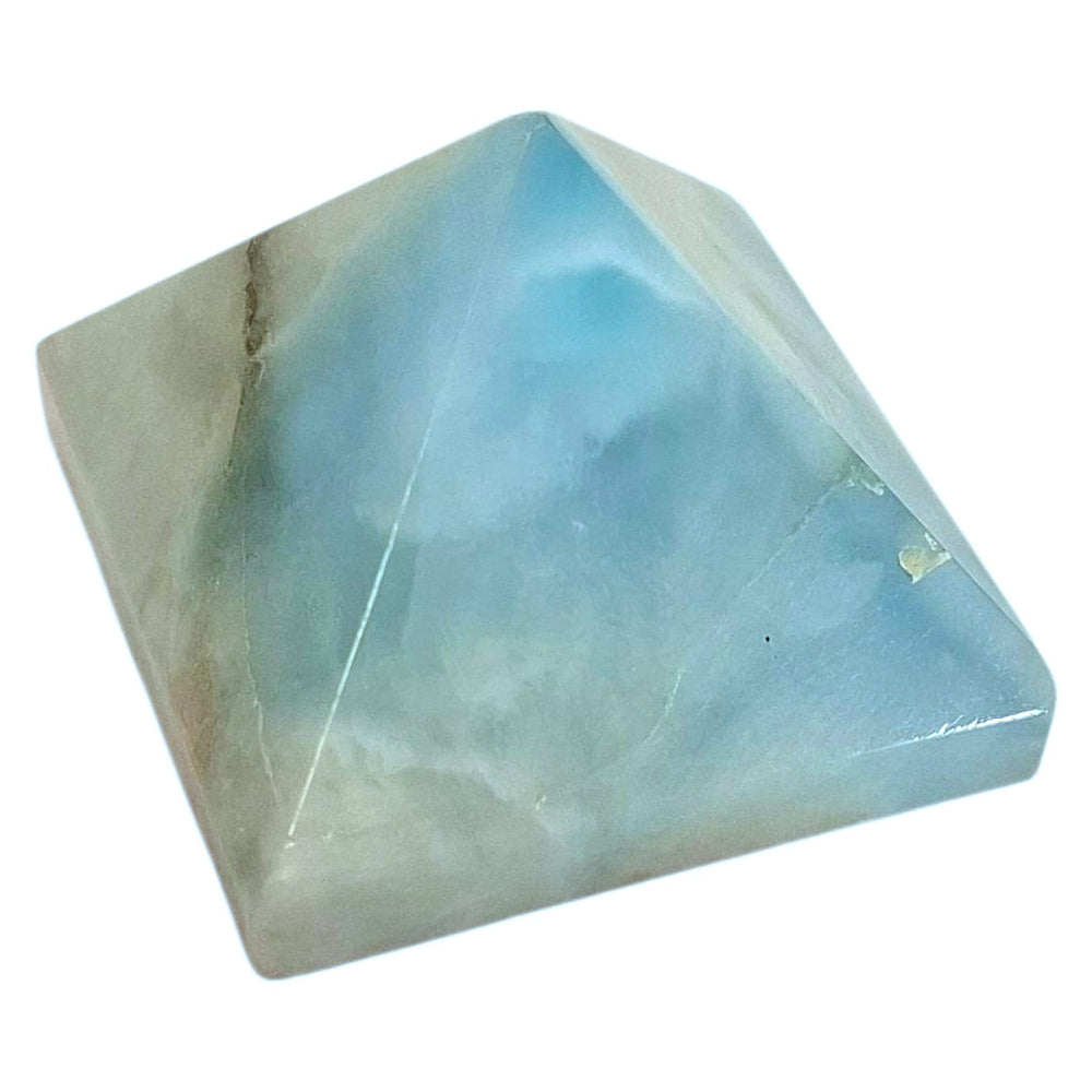 Larimar pyramid with polished blue surface and white marbling – spiritual energy tool
