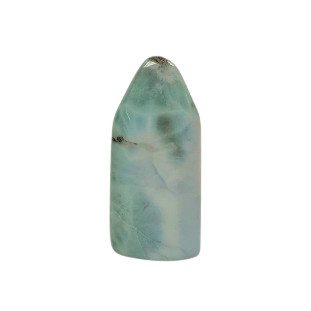 Larimar Tower 24mm – polished Dolphin Stone point with soft ocean-blue tones for healing energy and meditation