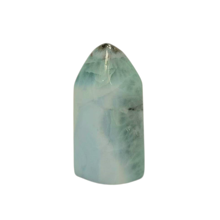 Larimar Tower 24mm – polished Dolphin Stone point with soft ocean-blue tones for healing energy and meditation