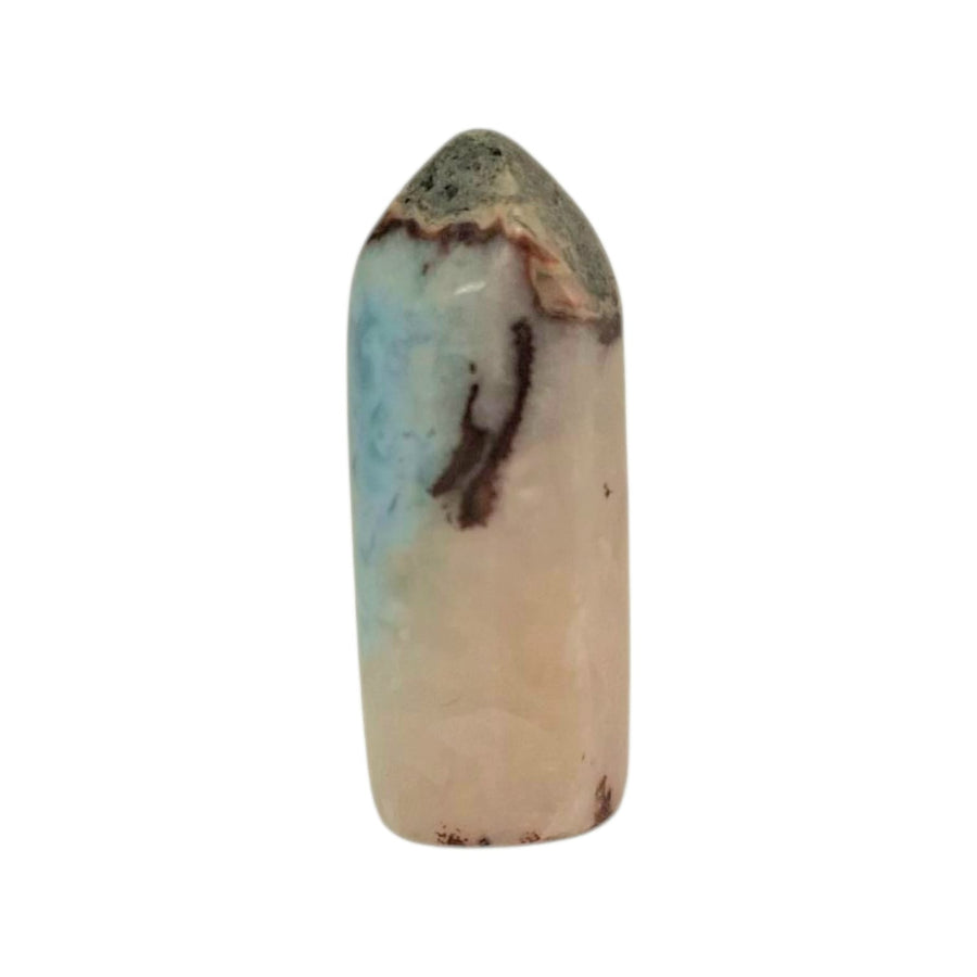 Larimar Tower 27mm – polished Dolphin Stone crystal point with ocean-blue marbling for healing and meditation
