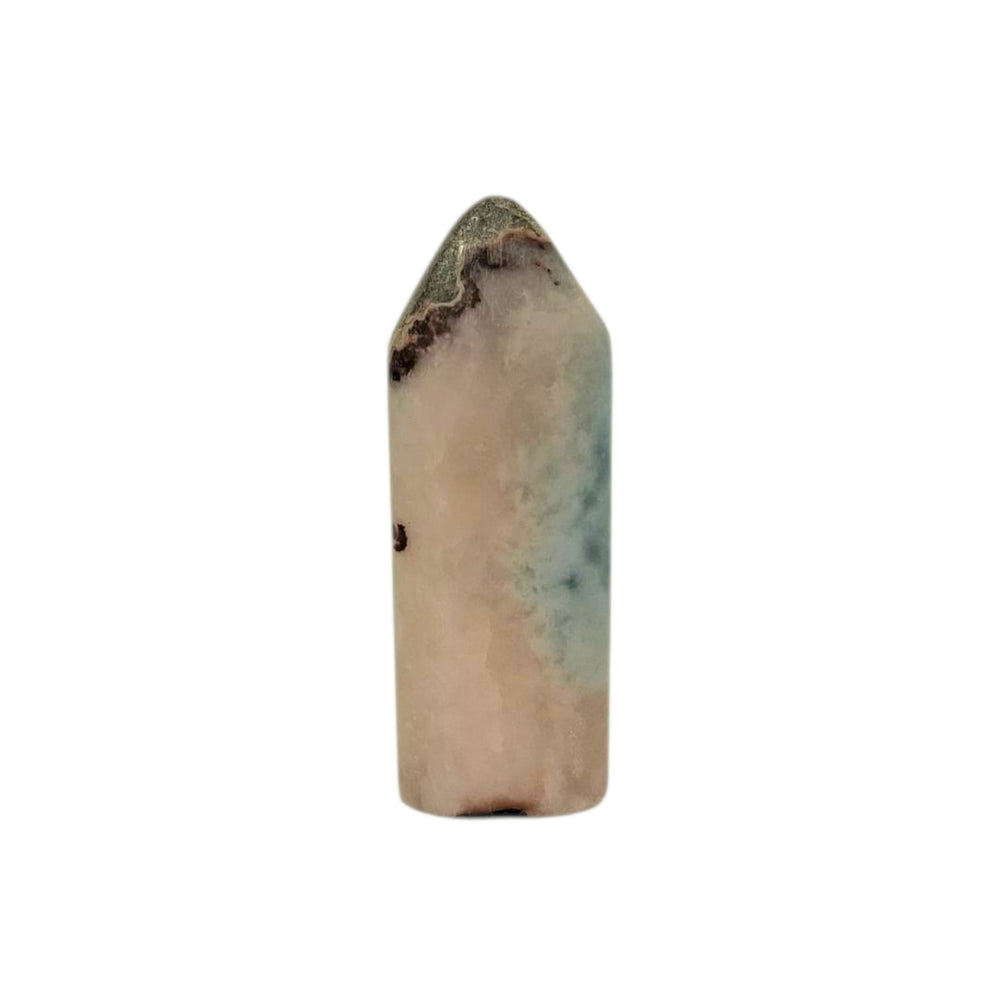 Larimar Tower 27mm – polished Dolphin Stone crystal point with ocean-blue marbling for healing and meditation