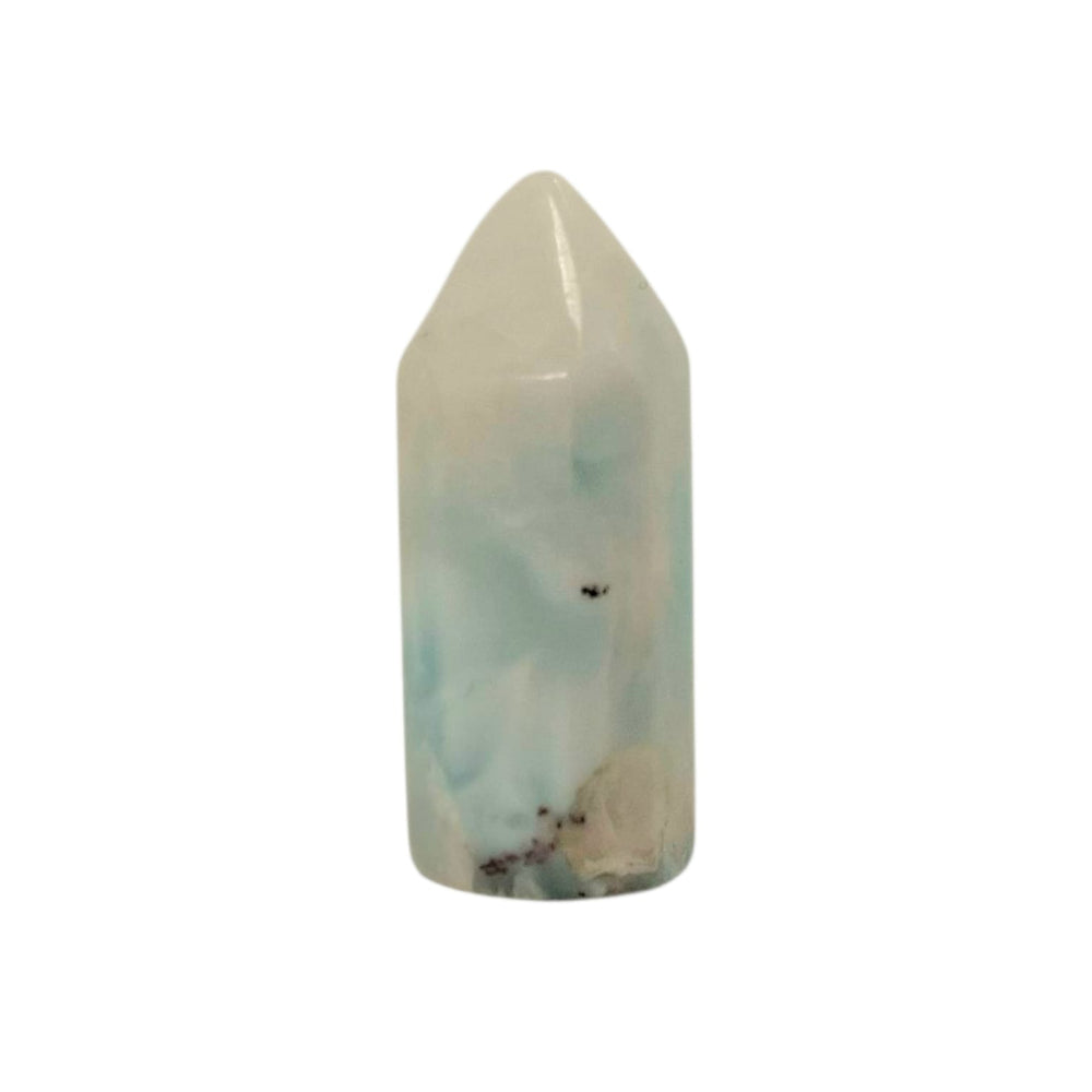 Larimar Tower 28mm – polished Dolphin Stone point with ocean-inspired blue marbling for calm energy and spiritual alignment