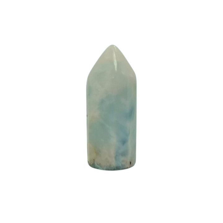 Larimar Tower 28mm – polished Dolphin Stone point with ocean-inspired blue marbling for calm energy and spiritual alignment