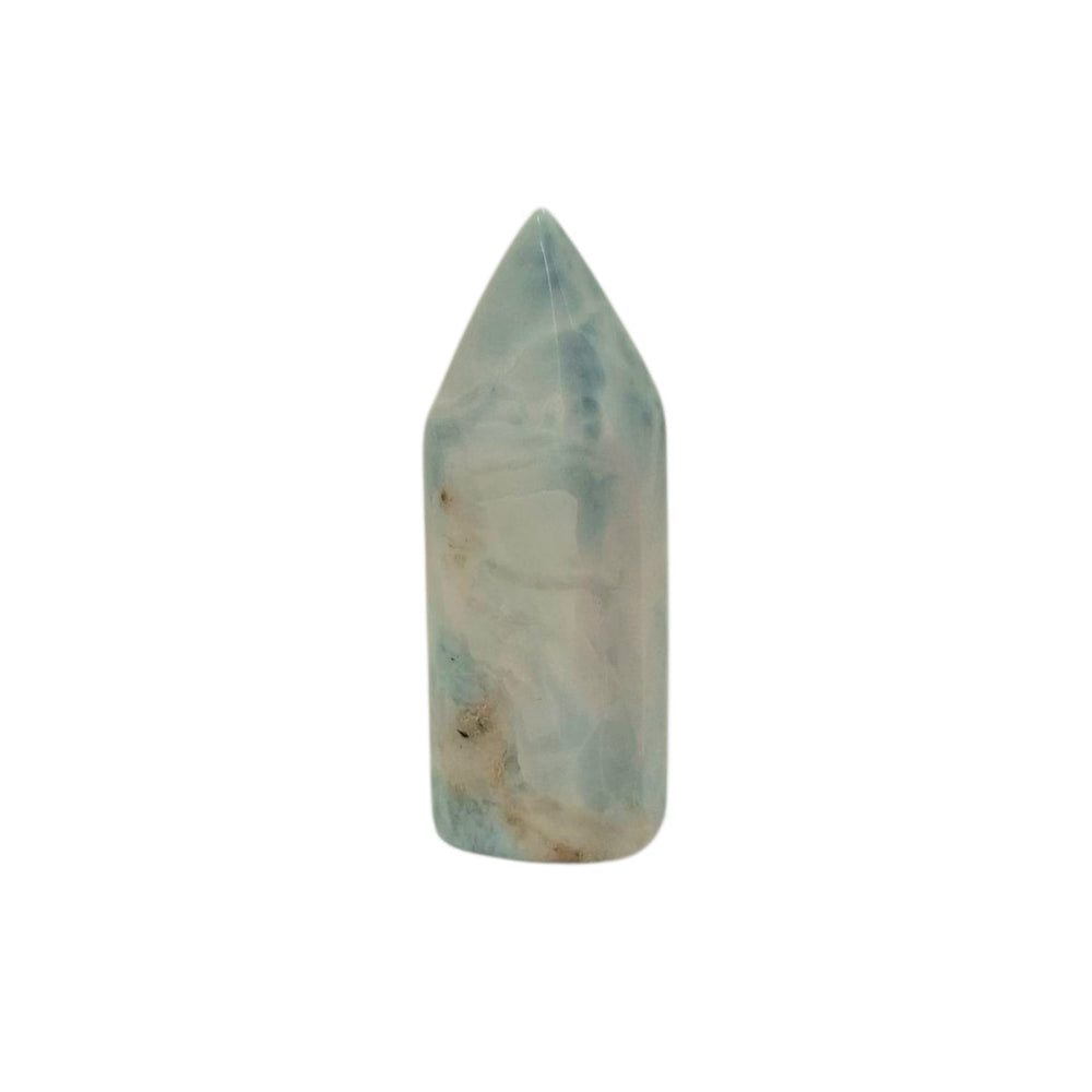 Larimar Tower 29mm – polished Dolphin Stone with ocean-blue marbling for calm and spiritual energy