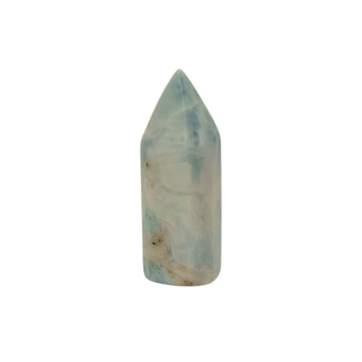 Larimar Tower 29mm – polished Dolphin Stone with ocean-blue marbling for calm and spiritual energy