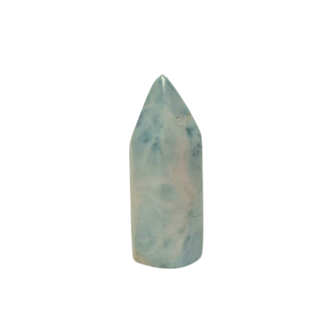 Larimar Tower 29mm – polished Dolphin Stone with ocean-blue marbling for calm and spiritual energy