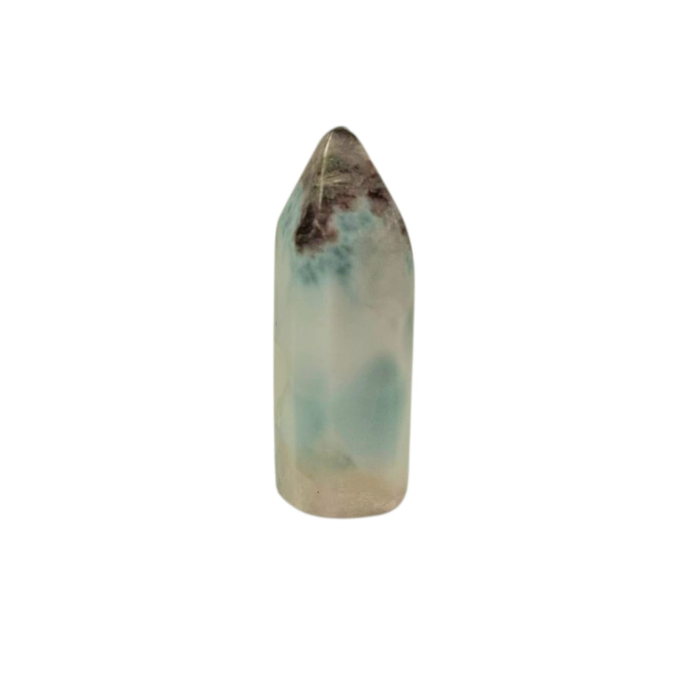 Larimar Tower 30mm – polished Dolphin Stone with ocean-blue marbling for spiritual healing and calm energy