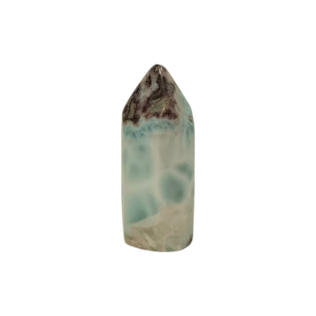 Larimar Tower 30mm – polished Dolphin Stone with ocean-blue marbling for spiritual healing and calm energy