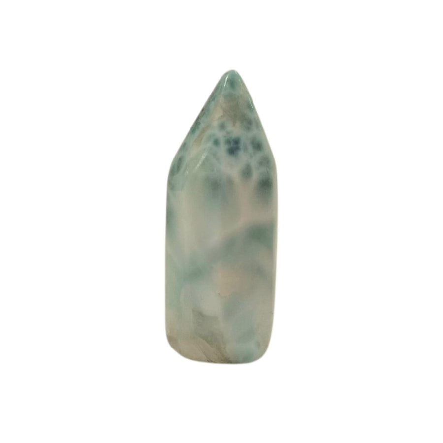 Larimar Tower 34mm – polished Dolphin Stone crystal with ocean-blue tones and white marbling for calm and spiritual clarity