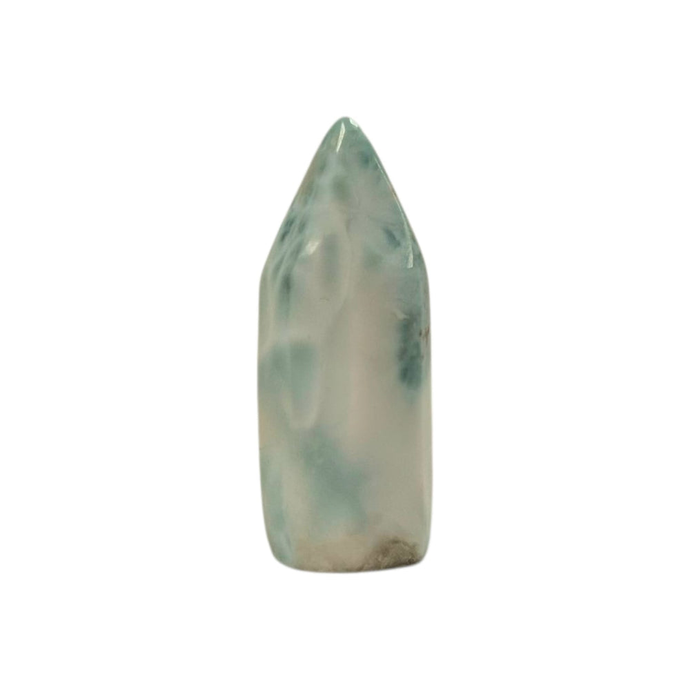 Larimar Tower 34mm – polished Dolphin Stone crystal with ocean-blue tones and white marbling for calm and spiritual clarity