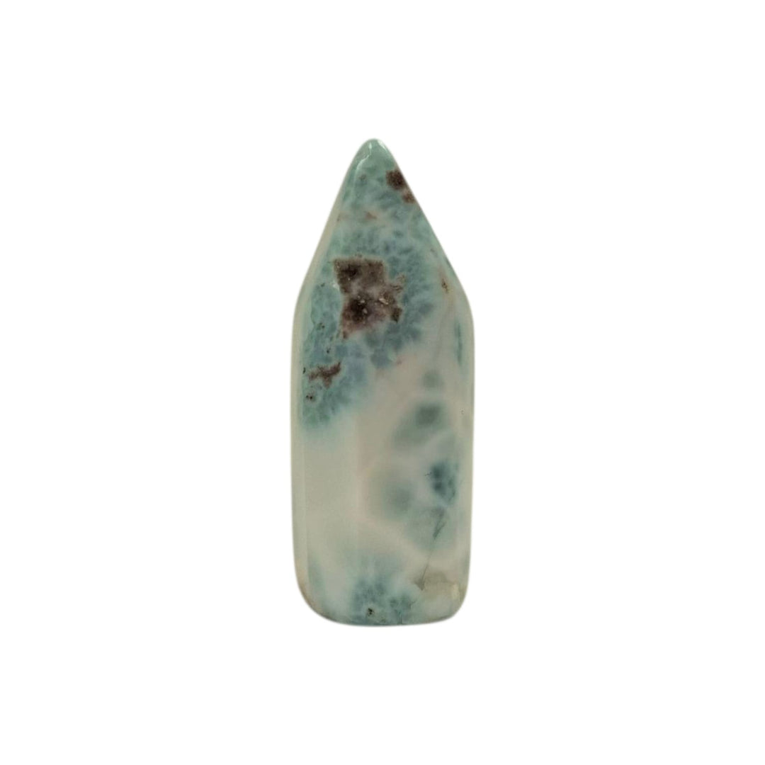 Larimar Tower 34mm – polished Dolphin Stone crystal with ocean-blue tones and white marbling for calm and spiritual clarity