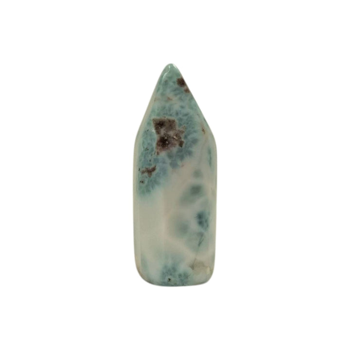 Larimar Tower 34mm – polished Dolphin Stone crystal with ocean-blue tones and white marbling for calm and spiritual clarity